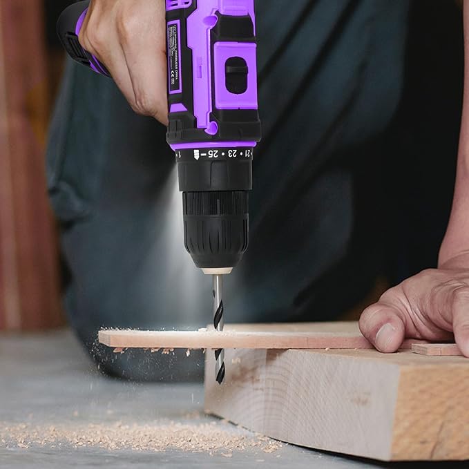 Purple 12V Cordless Drill,Electric Power Driver Kit,3/8-Inch Keyless Chuck, Variable Speed,with Drills Bits Set for Home DIY