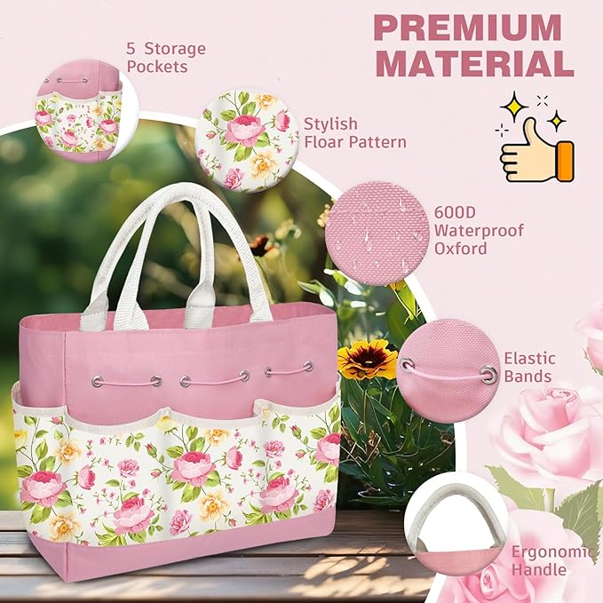 22PCS Garden Tools Set for Women,Heavy Duty Hand Tool Kit Included Handy Tote Bag/Trowel/Repotting Mat/Rake/Pruner/Gloves/Plant Tags,Garden Supplies Gardening Gifts for Beginner Mom-Pink