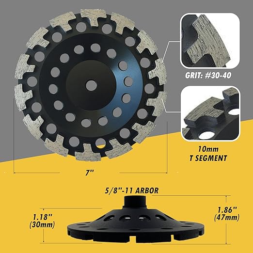 7" High Performance Diamond Grinding Wheels for Concrete, Paint, Epoxy, Mastic, Coating Removal, #30/40 Grit, T-Segments, 5/8"-11 Arbor