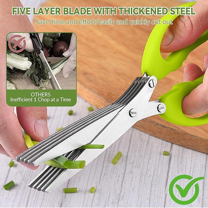 stainless steel herb scissors with 5 blades, multi blade herb cutting shears for kitchen salad,Scallion,Green onion