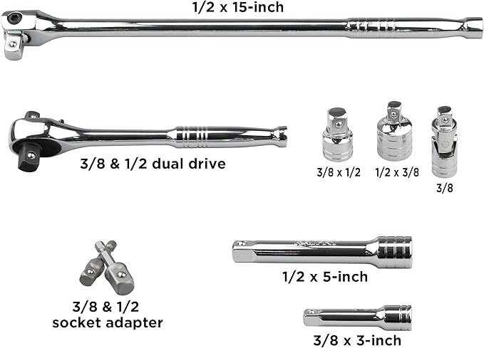 K304 Deep Combination Socket Set, 3/8-Inch & 1/2-Inch Drive, SAE/Metric, 45-Piece