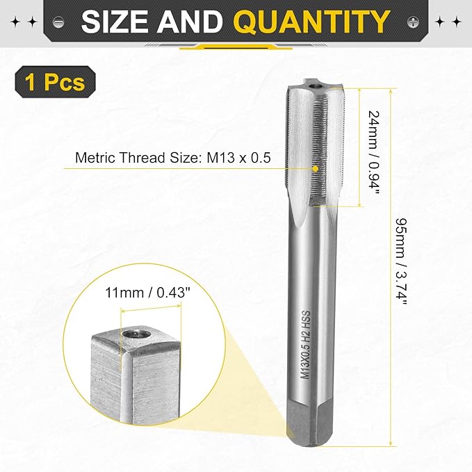 uxcell Hand Plug Tap M13 x 0.5 H2 Metric Thread Plug Style Taps Straight Flute Screw Tapping Threading Tool High Speed Steel HSS6542