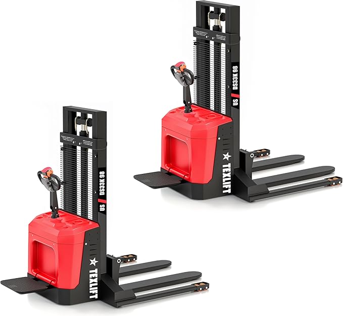 Full Electric Forklift Walkie Pallet Stacker with Stand - Fixed Straddle Legs and Adjustable Forks 5.50 Inch to 27 Inch ??Material Lifter 3300lbs Capacity 8Ft/98 Inch Lifting Heights - 2 Pack