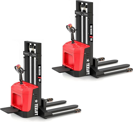 Full Electric Forklift Walkie Pallet Stacker with Stand - Fixed Straddle Legs and Adjustable Forks 5.50 Inch to 27 Inch ??Material Lifter 3300lbs Capacity 8Ft/98 Inch Lifting Heights - 2 Pack