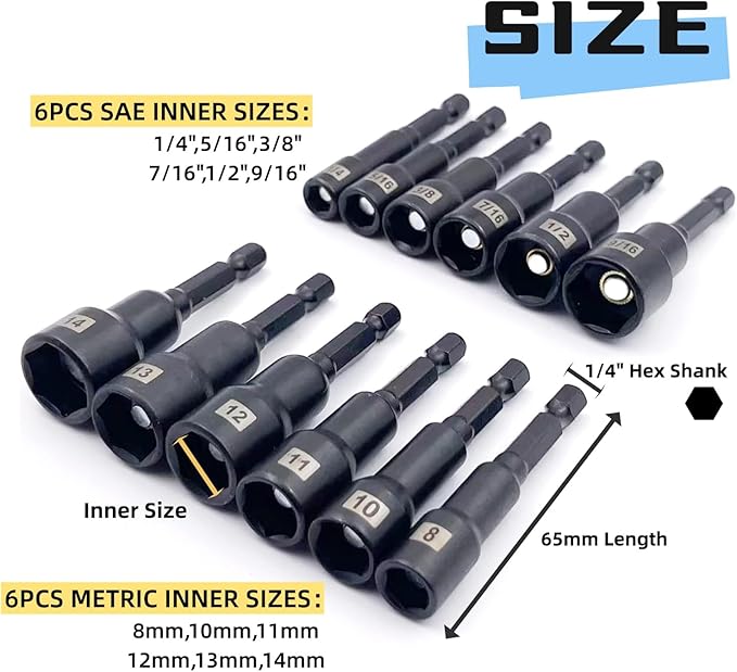 12-Pieces Magnetic Nut Driver Bit Set - 1/4 Inch Hex Quick-Change,Impact Hex Nut Driver Set, SAE & Metric