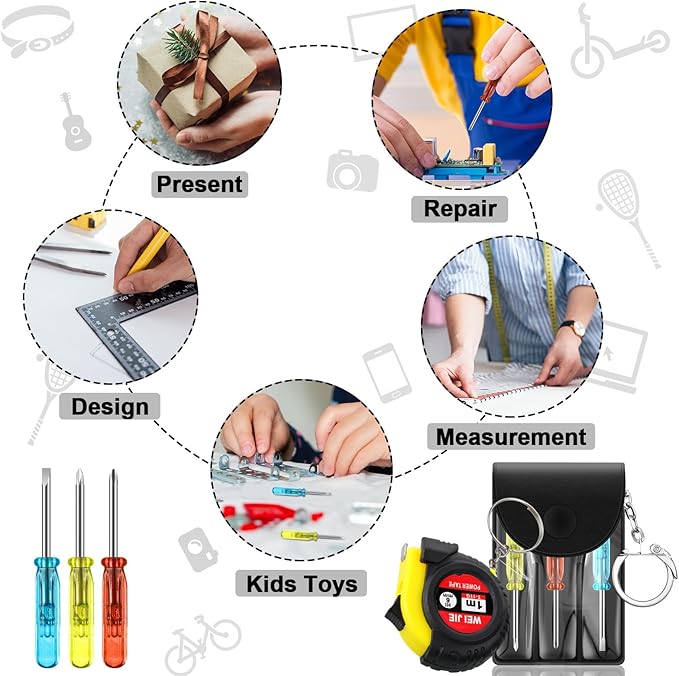144 Pcs Mini Screwdriver Keychain Tape Measure Keychains Set Mens Gift Bulk Retractable for Adult Xmas Tool Birthday Party