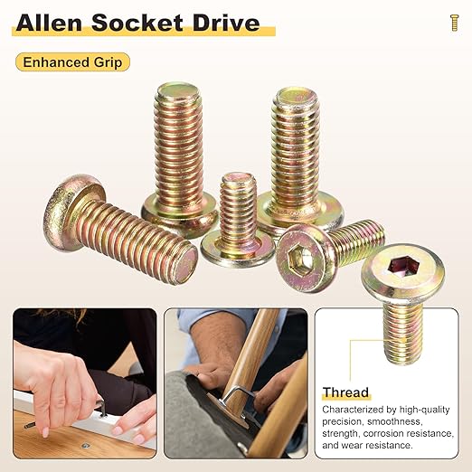 METALLIXITY Flat Head Hex Socket Cap Screws Bolts(M6-1x50) 20Pcs, Steel Hex Socket Furniture Bolts Screws - for Furniture Woodworking Project, Yellow