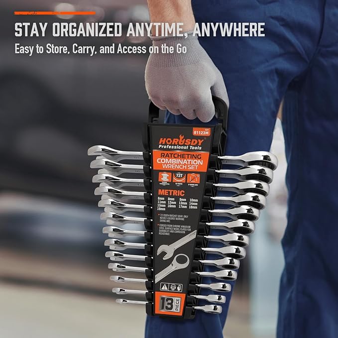 HORUSDY 13-Piece Sturdy Ratcheting Wrench Set | Metric Sizes 6??9mm | Max Torque Ratchet Combination Wrenches Set with Storage Rack | 72-Tooth | Chrome Vanadium Steel