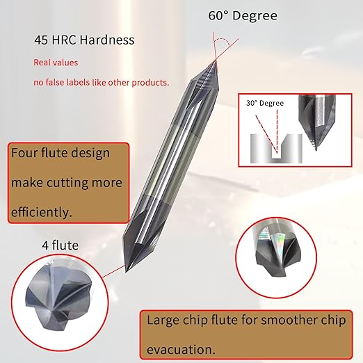 3/8" Carbide Chamfer Mill, 60 Degree, Double End, 4 Flute, Solid Carbide, AlTiN Coated, 2-1/2" Overall Length