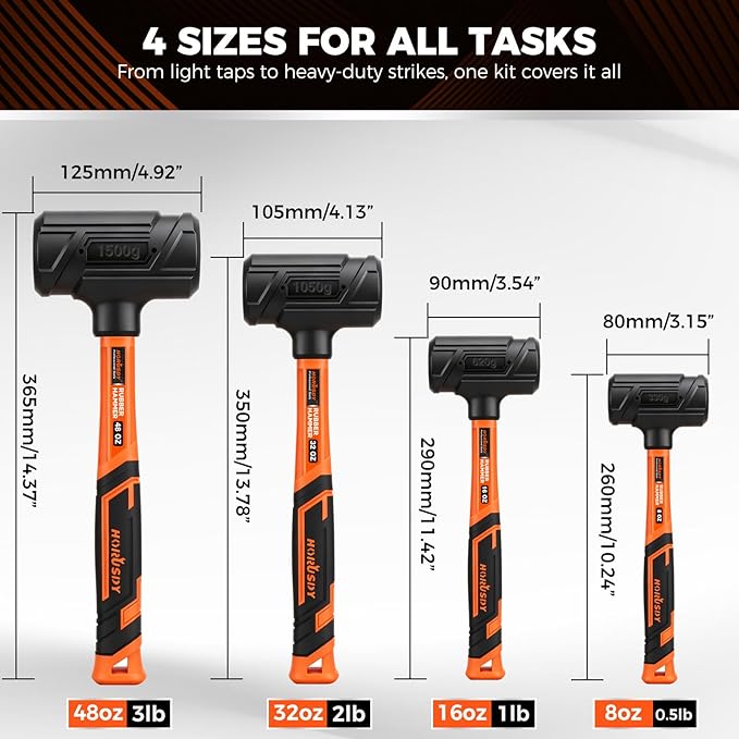 HORUSDY 4-Piece Dead Blow Hammer Set (0.5lb, 1lb, 2lb, 3lb) – One-Piece Molded Body, Steel Shot Filled, No Rebound, Non-Spark, Non-Slip Grip, for Auto, Carpentry & Tile Work