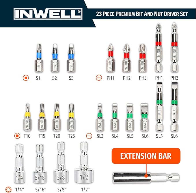 23 Piece Premium Screwdriver Bit Set,Nut Driver Set,Driver Bit Set - S2 Steel Color Bits Set - Magnetic Tips - Phillips,Slotted,Square and Torx - for Power Drill
