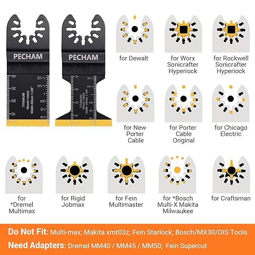 PECHAM 11PCS Titanium Oscillating Tool Blades, Universal Oscillating Multitool Blades Metal Cutting Quick Release for Hard Material Metal Nails Wood Plastic fit More Oscillating Tools