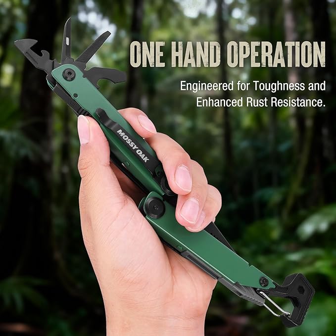 MOSSY OAK CNC-Machined Multitool Pliers, 27-in-1 Multi Tool with Pocket Knife, Fire Starter & Whistle, Bottle Opener, Screwdriver ??Self-Locking Survival Tool for Camping & Hiking