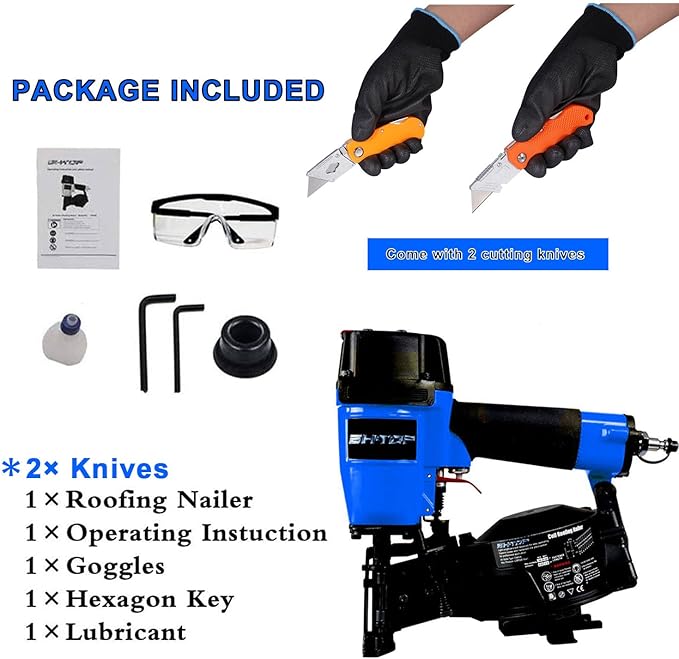 BHTOP CN45N Roofing Nailer with Roofing Knive, 15 Degree Roofing Nail Gun, 3/4-Inch to 1-3/4-Inch Coil Nails, 120-pcs Load Capacity Coil Nailer in Blue