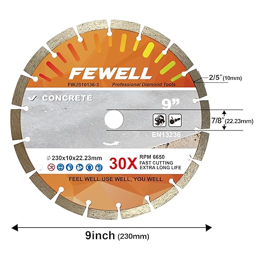 FEWELL 9 Inch Diamond Blade, Segmented General Purpose Blade Dry/Wet Cutting Concrete, Masonry, Brick, Block竊똕tone (3 Packs)