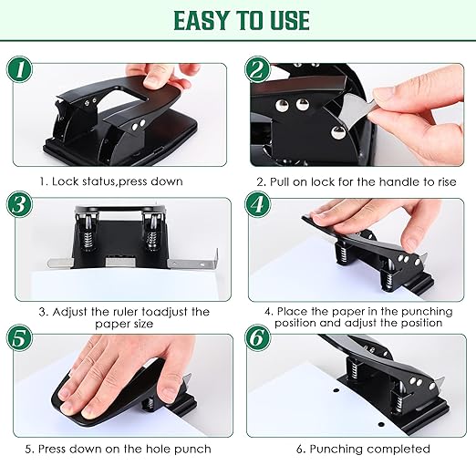 Dreyoo 2 Hole Punch with 100 Prong Paper Fasteners, Heavy Duty Two Hole Paper Puncher for File Folder and Metal File Fasteners Combo Set, 30 Sheet Capacity, Padded Handle(Self Adhesive)