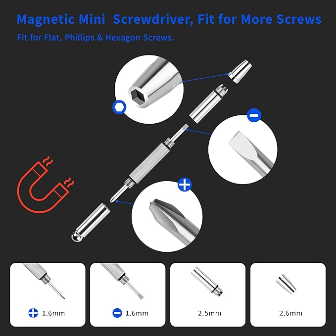 Upgrade Version All-in-One Magnetic Glasses Repair Kit with Black Screw, Eyeglass Repair Tools Kit with Precision Screwdriver Sets, Nose Pads, Tweezer