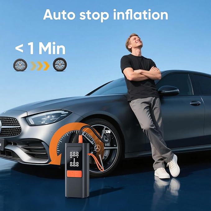 Tire Inflator Portable Air Compressor, 150PSI Cordless & 12V DC Dual Power Tire Pump for Car Tires,Bike,Motorcycle, 6000mAh Battery, Digital Pressure Gauge, Auto Shut-Off & Emergency LED Light