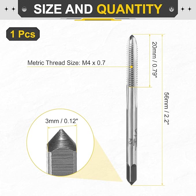 uxcell Hand Plug Tap M4 x 0.7 H2 Metric Thread Plug Style Taps Straight Flute Screw Tapping Threading Tool High Speed Steel HSS6542