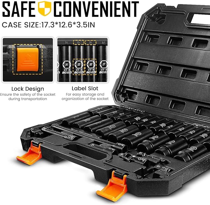 boen 8mm-32mm 1/2??Drive Metric Socket Set, Impact Deep Socket, 6 Point Lug Nut Socket for Auto Repair with Portable Case, CR-V Steel, 29PCS