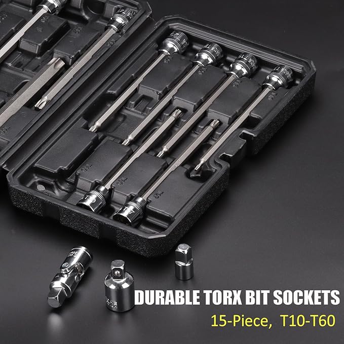 15-Piece Extra Long Torx Bit Socket Set 3/8" Drive T10-T60 Long Torx Bit Set, CR-V and S2 Steel, 6" Length