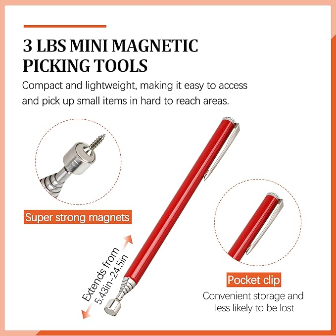 2-Piece Set Magnetic Pick Up Tool, 15LB Pull Force And 2LB Pull Force Telescopic Magnet Stick