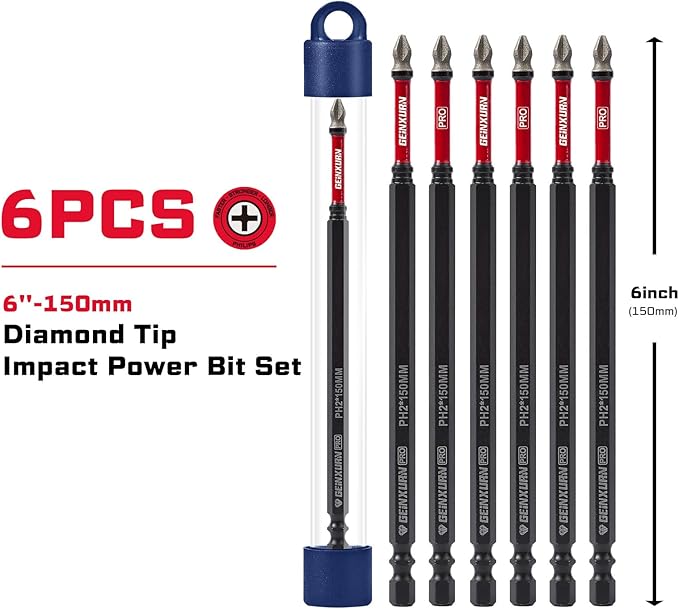 6Pcs Diamond Coated Impact Screwdriver Bit Set, 6 Inches #2 Phillips Power Driver Bits, Magnetic S2 Steel PH2 Screwdriver Bits Set with Tubes Package