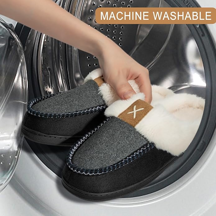 Homitem Mens Slippers Moccasins Memory Foam Fuzzy Slippers for Men Wool-Like Plush Fleece Lined House Shoes Indoor Outdoor Anti-Skid Rubber Sole Home Bedroom