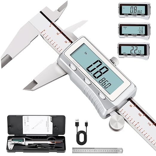 HARDELL Digital Caliper, Rechargeable Caliper Measuring Tool with Backlight LCD Screen, All Metal Calipers, Auto-Off Digital Micrometer, Inch/MM/Fraction for Household/3D-Printing-Rechargeable 6 Inch