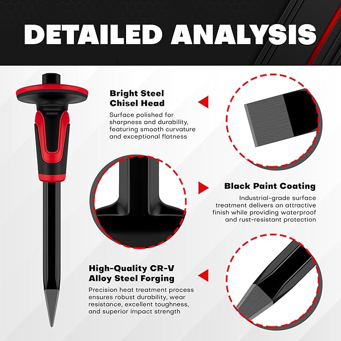 C&T 3Pcs Heavy Duty Masonry Chisel Set with Hand Guard, Stone and Rock Chisel, Rock Chisel Set, Stone and Rock Tool for Breaking, Splitting and Cutting- Professional Masonry Tools