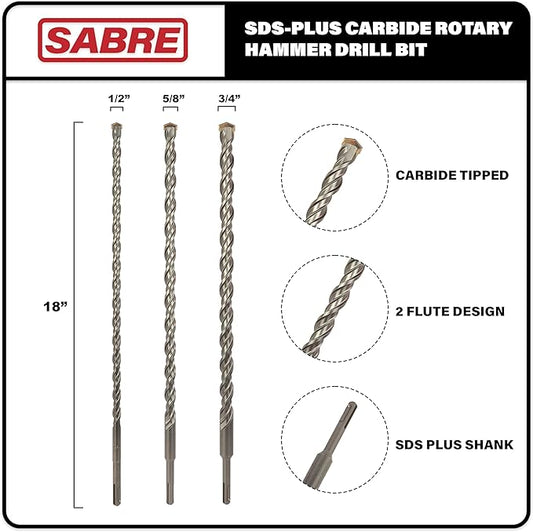 3-Piece 18 Inch SDS Plus Rotary Hammer Drill Bit Set, 1/2" x 18", 5/8" x 18", 3/4" x 18", Carbide Tipped for Brick, Stone, and Concrete (18" 3pcs)