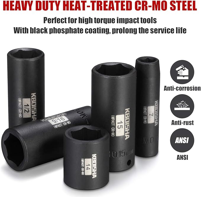 KBOISHA 1/4 Inch Drive Master Impact Socket Set, 53-Piece CR-MO Alloy Steel Socket Set SAE and Metric From 3/16 Inch - 9/16 Inch and 4mm - 15mm Standard and Deep Sockets with Heavy Duty Storage Case