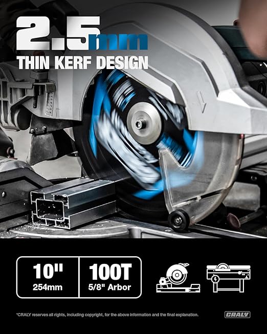 CRALY 10 Inch 100 Teeth Aluminum and Non-Ferrous Metal Cutting Circular Saw Blade, 5/8 Inch Arbor, Carbide Tipped, Thin Kerf, Black Ice™ Coating, for Thin Aluminum, Plastic, Composite(C10100AL)
