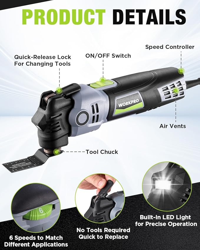 WORKPRO 400W Oscillating Multi-Tool, 6-Speed Corded Power Saw with LED Light, Quick Blade Change, 3.5째 Oscillation Angle, 22 Accessories for Cutting, Sanding, Scraping