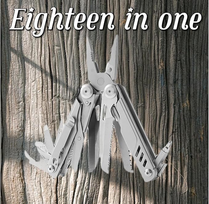 18-in-1Multitool，with Replaceable Wire Cutters and Saw，Foldable & Self-Locking，Set and Nylon Sheath for Camping Survival multi tool for Man