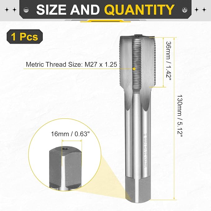 uxcell Hand Plug Tap M27 x 1.25 H2 Metric Thread Plug Style Taps Straight Flute Screw Tapping Threading Tool High Speed Steel HSS6542