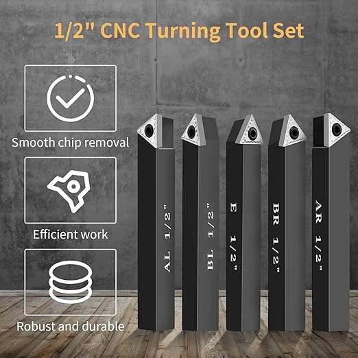 1/2" Indexable Carbide Turning Inserts Holder Set for Machining Lathes, 5 Pcs Set Metal Lathe Tools Inserts Bits with Carbide Inserts TCMT16T304.