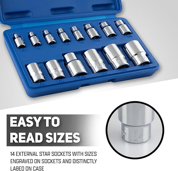 Neiko 04300A E-Torx Socket Set, 14 Piece, External Torx Socket, E4 to E24, 1/4?? 3/8??and 1/2??Drive, Female Star External Torx, Inverted Torx Socket Set, Cr-V Steel