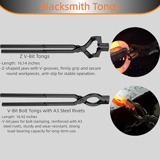 Blacksmith Tongs Set,3PCS Blacksmith Forge Kit for Beginner and Seasoned Blacksmiths, Craftsmen and Bladesmiths