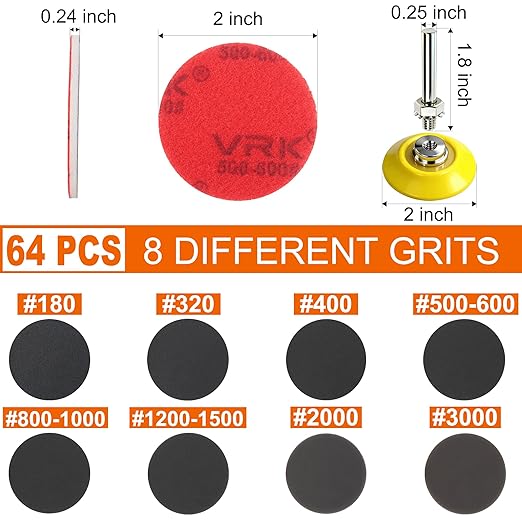 64 PCS 2 Inch Sanding Disc Pad,Hook and Loop Sanding Pads 180 to 3000 Wet Dry Sponge Sandpaper with 1/4??Shank for Drill Sanding Grinder Rotary Tools Curved Surface Polishing and Sanding