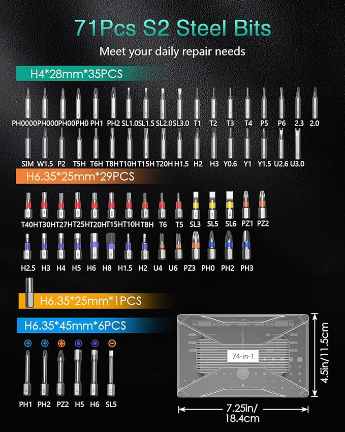 ORIA 74 in 1 Magnetic Screwdriver Set, DIY Ratchet Screwdriver Set with Detachable Handle & Magnet, Multipurpose Repair Tool Kit, Upgraded Version Tools for Phone, Computer, Electronics