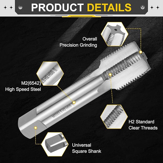 uxcell Hand Plug Tap M33 x 2.5 H2 Metric Thread Plug Style Taps Straight Flute Screw Tapping Threading Tool High Speed Steel HSS6542