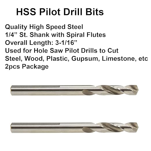 MaxTool 2PCs 1/4" x 3-1/16" Overall Length HSS Pilot Drill BITS STUB Drills Short for holesaw arbors up to 1.5" Cut-Depth; BA02W06R1030P2
