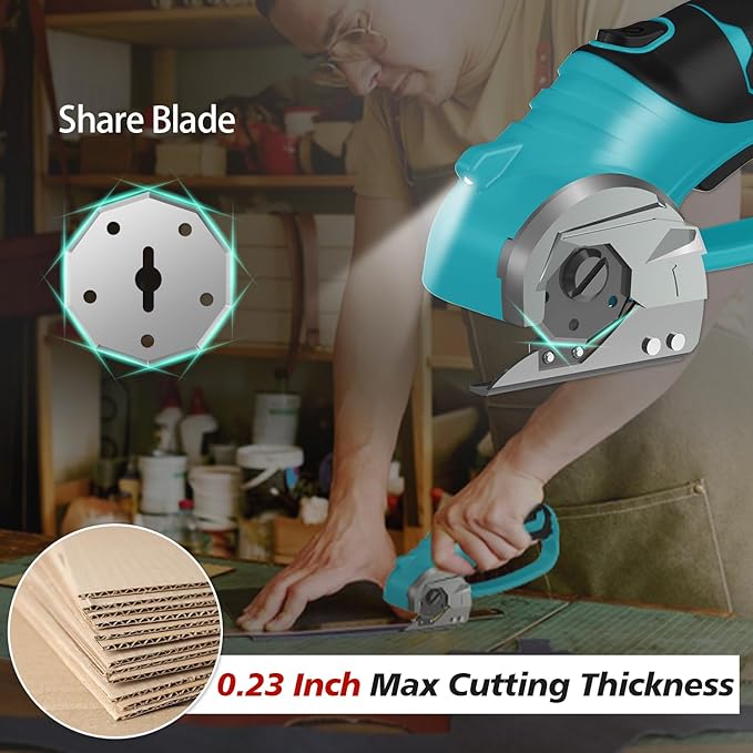 Cordless Electric Scissors, 4V Rechargeable Box Cutter & Cardboard Cutter with LED Light, Safety Lock - Rotary Cutter for Fabric, Leather, Plastic, Crafting, Sewing with Storage Box (Turquoise)