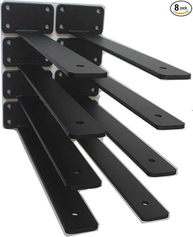 8 Pack - 12 inch Black Hidden L Shelf Bracket (1/5 Inch Thicked) Iron Floating Shelf Brackets Rustic Industrial Metal Brackets for Shelf Support