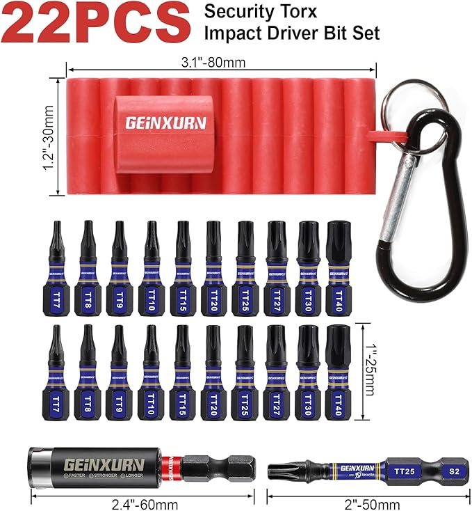 Impact Security Torx Screwdriver Bits Set,22 Pcs Magnetic (T7-T40) S2 Steel Multi Hollow Star Insert Power Bit Tips with Bit holder and Storage Organizer