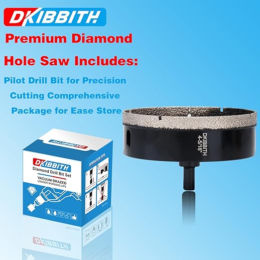 4-5/16" Diamond Hole-Saw Bits with Pilot Drill Bit 4-5/16 in Diamond Tipped Tile Hole Saws with Guiding Bit for Accurate Drilling, for Porcelain Tile Ceramic Pottery Granite Stone Glass Bottles 110mm