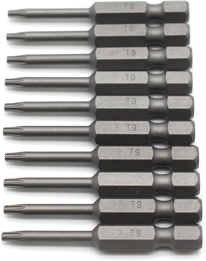 TEMO 10 pc T9 Torx Star Head Screwdriver Bit Set, S2 Steel 6 Point T-9 Reduced Round Shaft Screwdriver Insert Bits Hex Shank