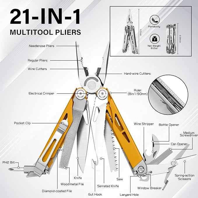RBLACK Longeron21 Multitool, 21-in-1 Multi Tool Pliers with Safety Locking and Spring-Action Scissors, Heavy-duty Stainless Steel Multi-tool Set for Work, Home, Garden, DIY & Auto, Maple Yellow