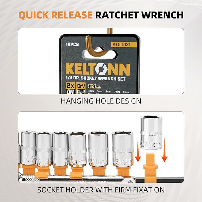 Ratchet Socket Wrench Set Metric, 12PCS Drive Mini Socket Kit with CR-V Steel Sockets (4??3mm) 1/4 Inch, Quick-Release Reversible Ratchet and Extension Bar for Automotive, DIY and Home Repair